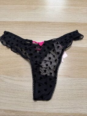 Victoria's Secret Black Sheer Heart-Print Thong with Pink Accent